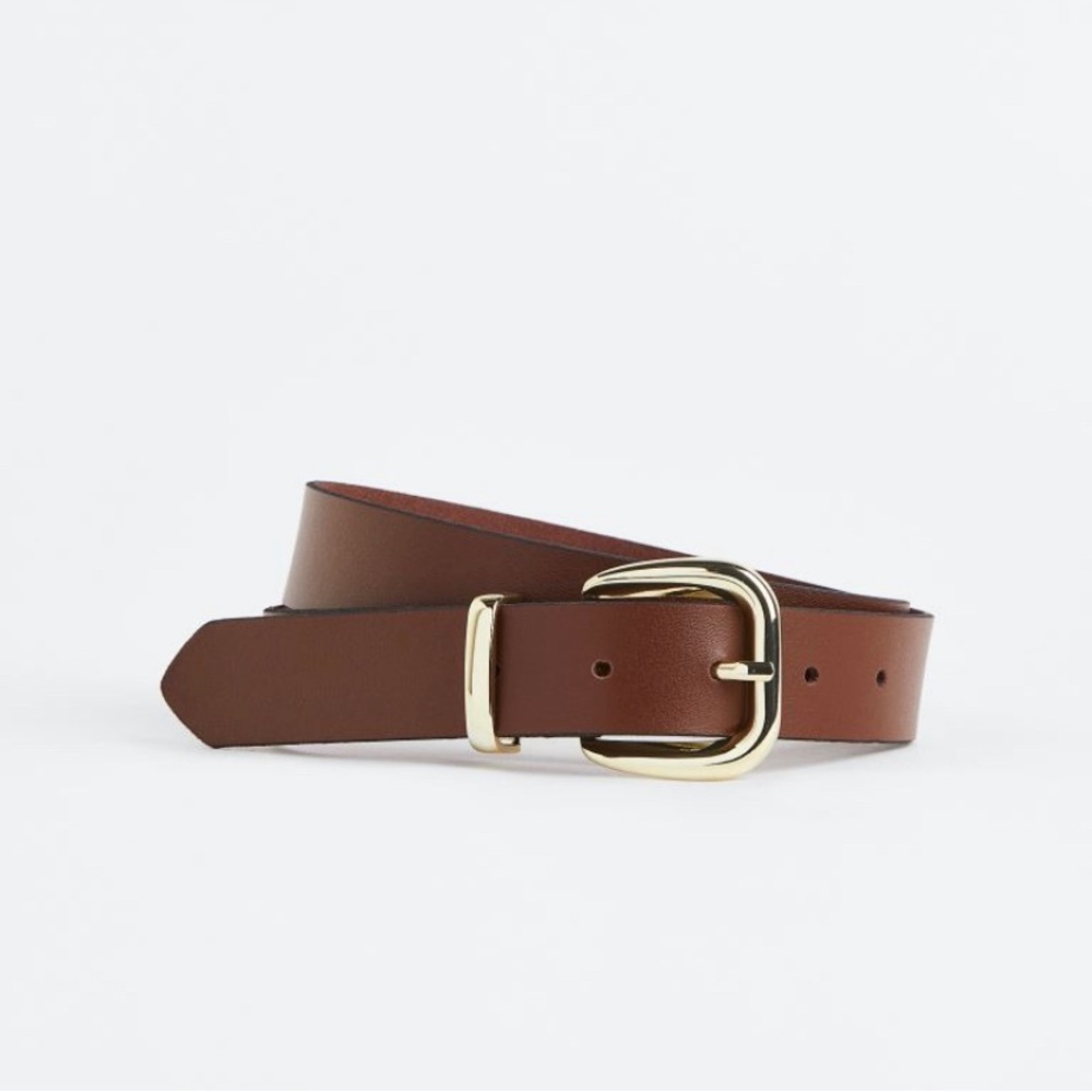 H&M premium selection brown leather belt with gold hardware XS 1” width